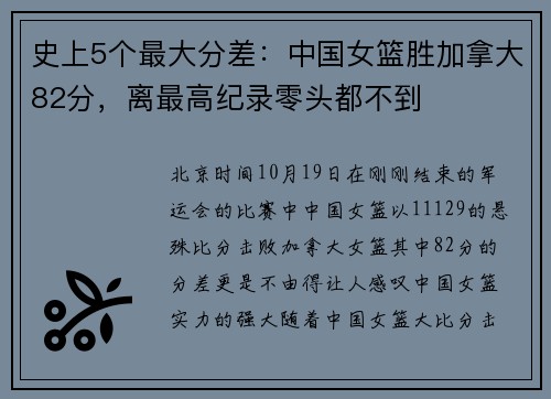 史上5个最大分差：中国女篮胜加拿大82分，离最高纪录零头都不到