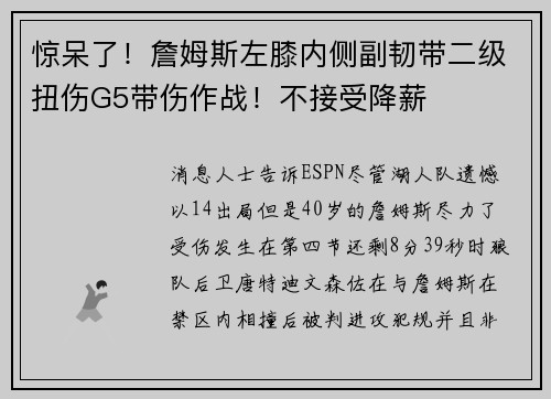 惊呆了！詹姆斯左膝内侧副韧带二级扭伤G5带伤作战！不接受降薪