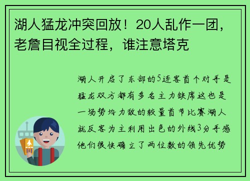 湖人猛龙冲突回放！20人乱作一团，老詹目视全过程，谁注意塔克